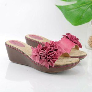 Born Wedge Sandal Women Size 8 Slide Open Toe Hot Pink Nubuck Leather Flower